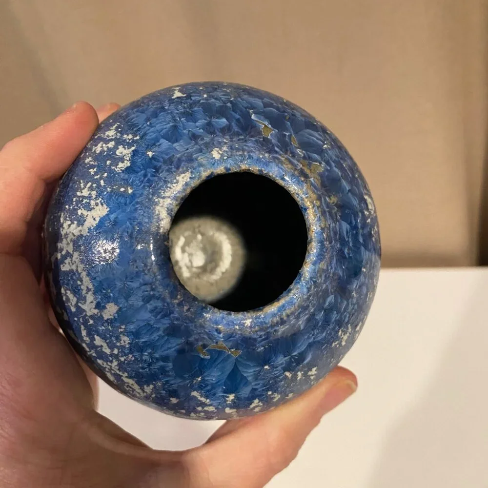 Antique Blue Spongeware Pottery Vase - 6” Small Rustic‎ Vintage Decor